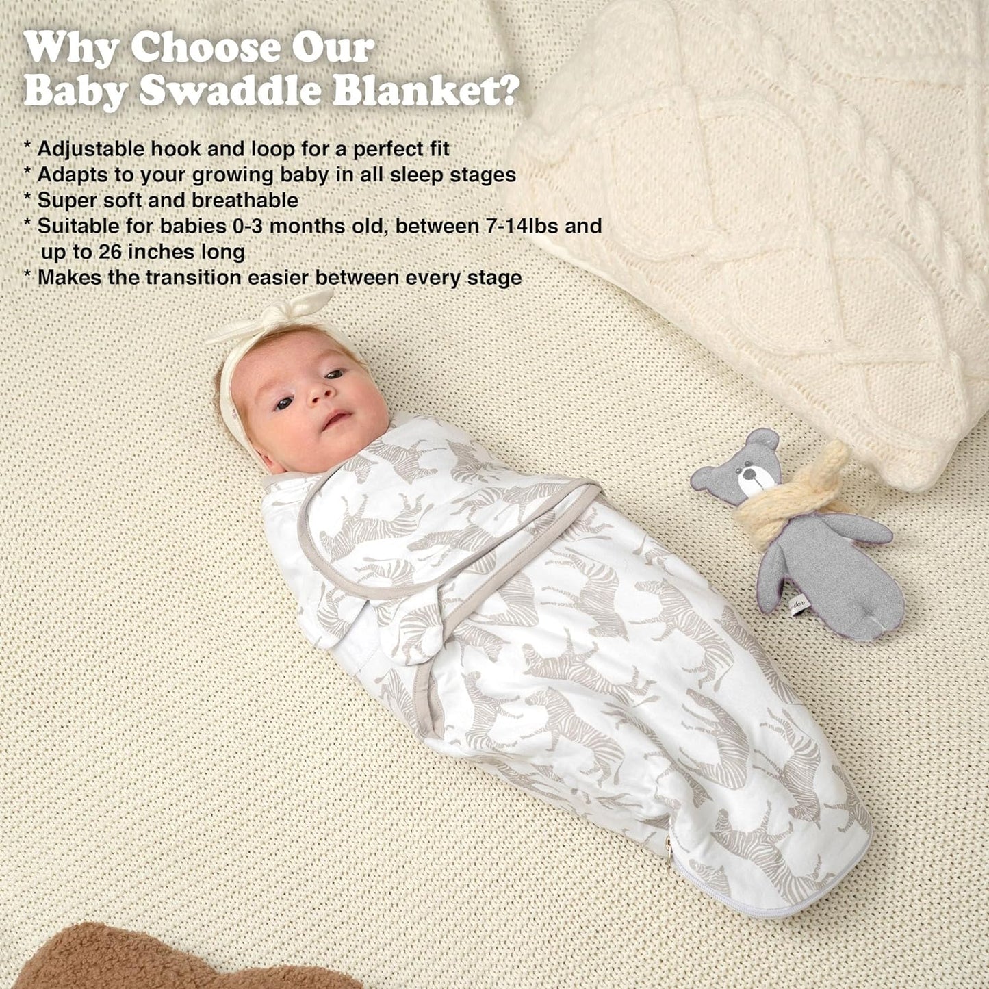 Swaddle Sleep Sack with Zipper - Swaddles for Newborns - 3 Pack Organic Baby Swaddles for 0-3 Months - Infant Sleeping Swaddle Sack – Adjustable Swaddle Blanket Wrap Boy Girl, Grey Zebras