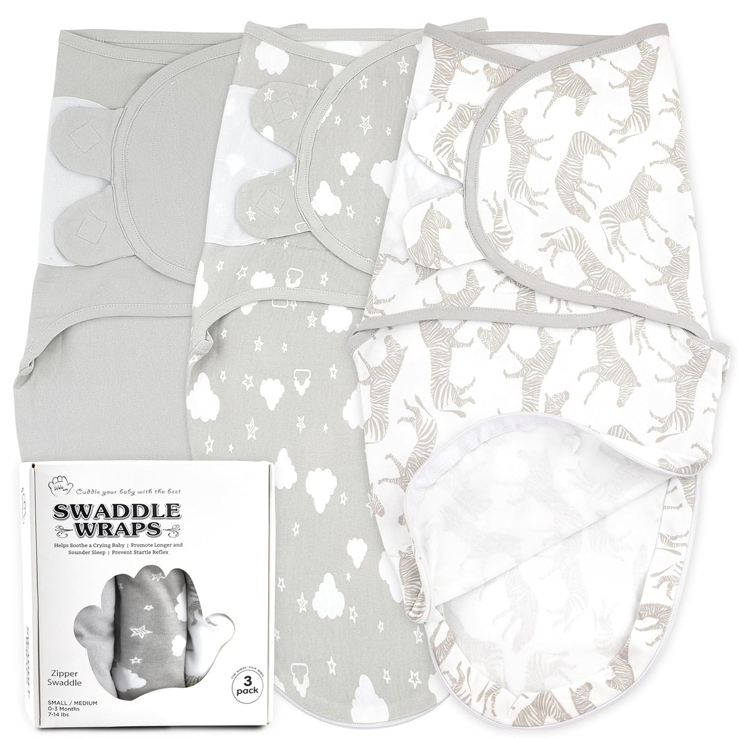 Swaddle Sleep Sack with Zipper - Swaddles for Newborns - 3 Pack Organic Baby Swaddles for 0-3 Months - Infant Sleeping Swaddle Sack – Adjustable Swaddle Blanket Wrap Boy Girl, Grey Zebras