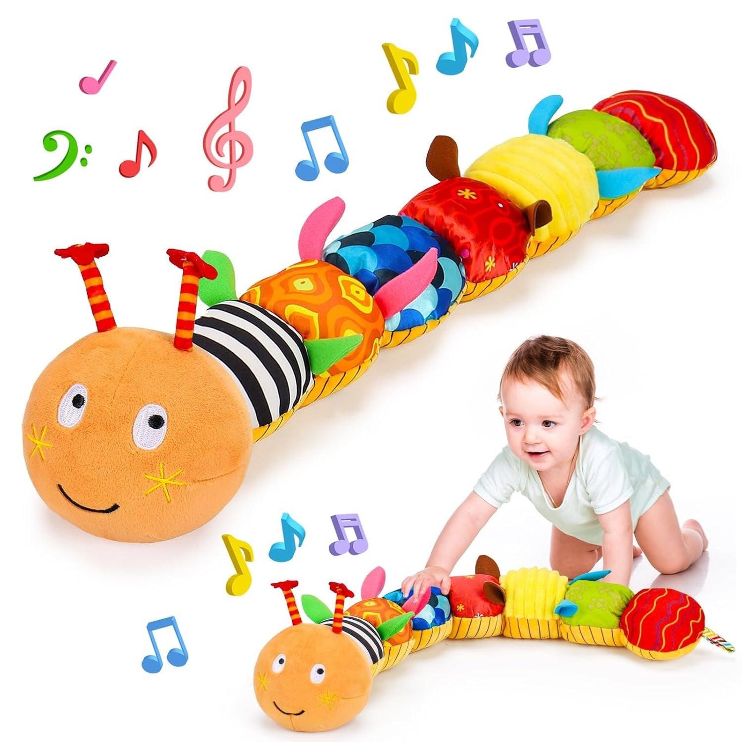 Baby Sensory Toy 0-6 Month Music Animal Stuffed Plush Caterpillar Toy for Infant 0-3-6-12 Month Old Tummy Time with Mirror Crinkle Rattle Toys for Newborn Boys Girl Shower Gifts Easter Basket Stuffer