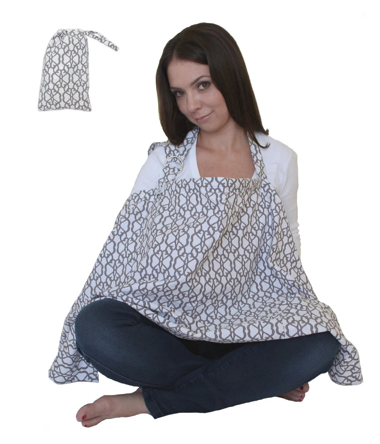 Breastfeeding Nursing Cover Apron Privacy Cover Pumping Supplies for New Moms with Matching Travel Pouch Multi Use Lightweight Soft Cotton - Great Baby Shower Gift in Gray