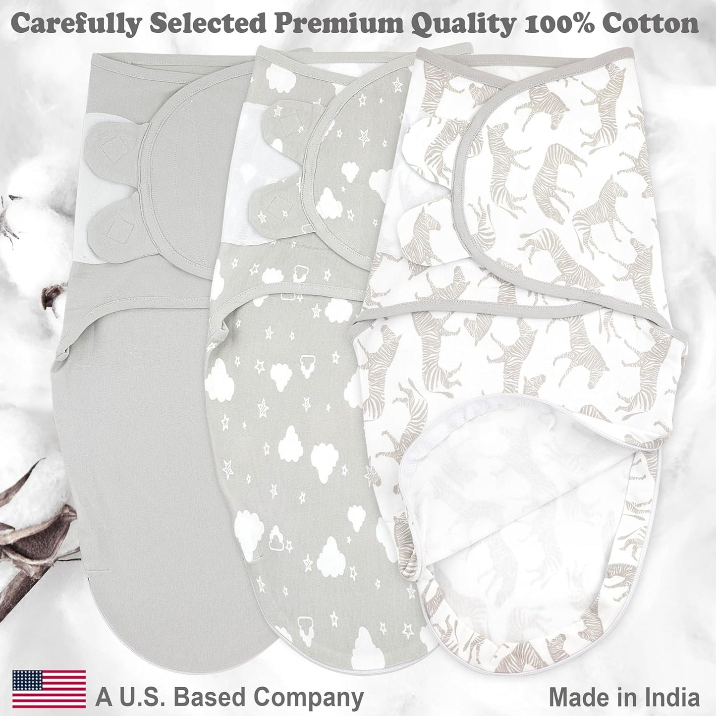 Swaddle Sleep Sack with Zipper - Swaddles for Newborns - 3 Pack Organic Baby Swaddles for 0-3 Months - Infant Sleeping Swaddle Sack – Adjustable Swaddle Blanket Wrap Boy Girl, Grey Zebras