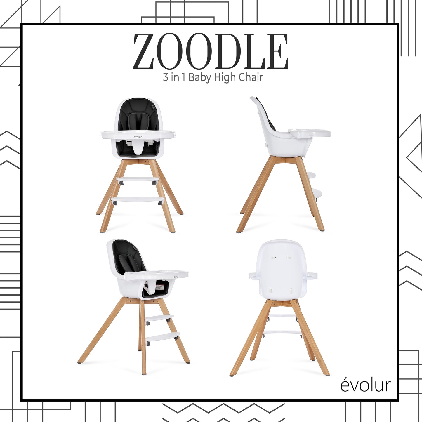 Zoodle 2 in 1 Baby High Chair in Black, Easy to Clean, Adjustable and Removable Tray, Compact and Portable Convertible High Chair for Babies and Toddlers