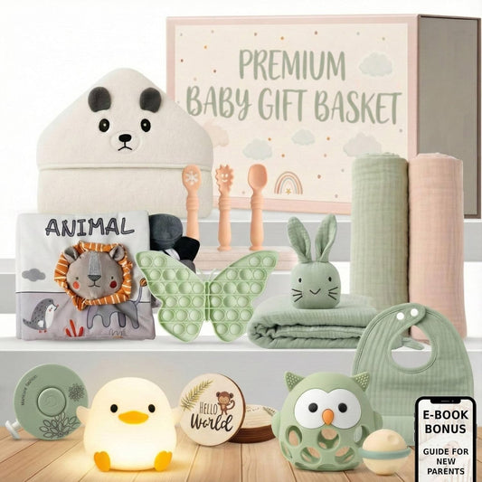 New Baby Gift Basket 21-Piece Set | Refined Newborn Baby Gift Set for Boy & Girl | Gender Reveal Gifts & New Mom Gifts Bundle | Essential Newborn Toys & Acc. Included in Elegant Keepsake Magnet Box