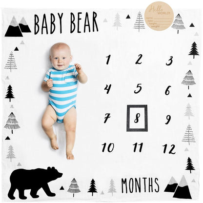 Organic Baby Monthly Milestone Blanket - Elephant Milestone Blanket Baby Boy or Girl with Month Marker - Elephants Milestones Blanket, 1-12 Months, Hello Baby, 47" X 47"