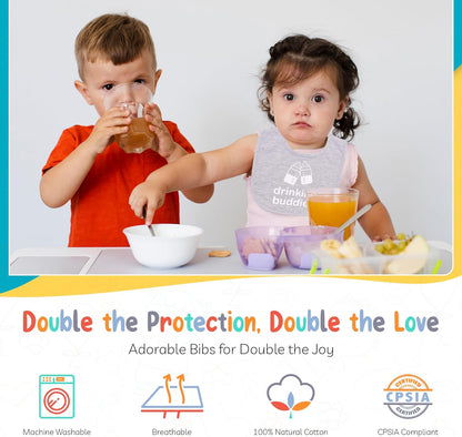 100% Cotton Drinking Buddies Twin Bibs Cute & Practical Unisex Bibs for Twins with Waterproof, Durable, for Everyday Use