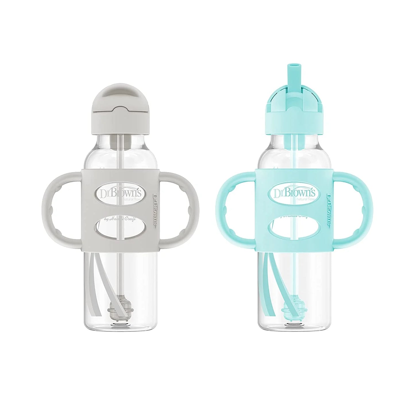 Milestones Narrow Sippy Straw Bottle, 100% Silicone Handles, 8Oz/250Ml, Green/Gray, 2 Pack