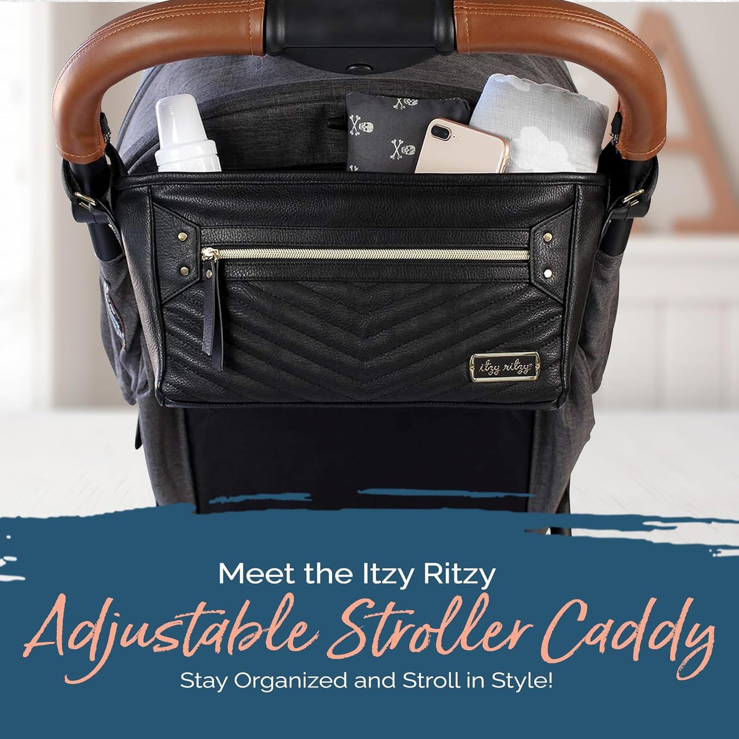 Adjustable Stroller Organizer with Built-In Pockets, Zippered Pocket & Straps to Fit Any Stroller, Black with Gold Hardware