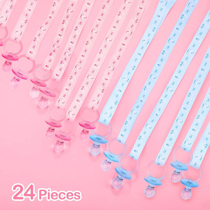 24 Pieces Baby Shower Pacifiers Necklace Acrylic Chupones Para Baby Pacifier for Girls Boys Baby Shower Party Game Favors Cute Mini Decorations Charms Table Scatter(Pink, Blue)