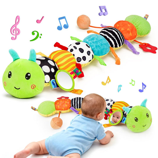Baby Sensory Toy 0-6 Month Music Animal Stuffed Plush Caterpillar Toy for Infant 0-3-6-12 Month Old Tummy Time with Mirror Crinkle Rattle Toys for Newborn Boys Girl Shower Gifts Easter Basket Stuffer