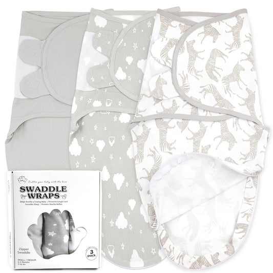 Swaddle Sleep Sack with Zipper - Swaddles for Newborns - 3 Pack Organic Baby Swaddles for 0-3 Months - Infant Sleeping Swaddle Sack – Adjustable Swaddle Blanket Wrap Boy Girl, Grey Zebras