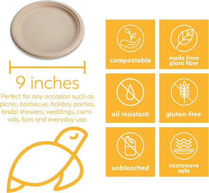 100% Compostable Disposable Paper Plates Bulk [9" 50 Pack], Bamboo Plates, Eco Friendly, Biodegradable, Sturdy Large Dinner Party Plates, Heavy-Duty, Unbleached by