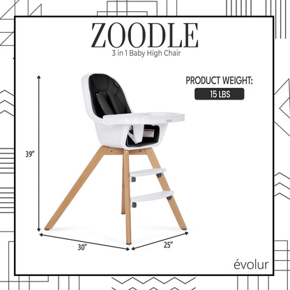 Zoodle 2 in 1 Baby High Chair in Black, Easy to Clean, Adjustable and Removable Tray, Compact and Portable Convertible High Chair for Babies and Toddlers