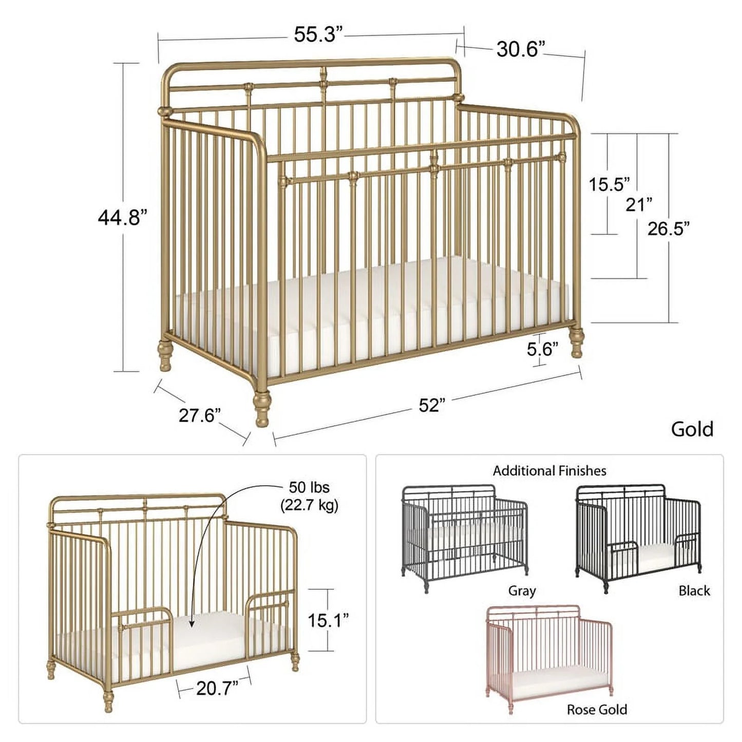 Monarch Hill Hawken Metal 3 in 1 Convertible Crib, Black