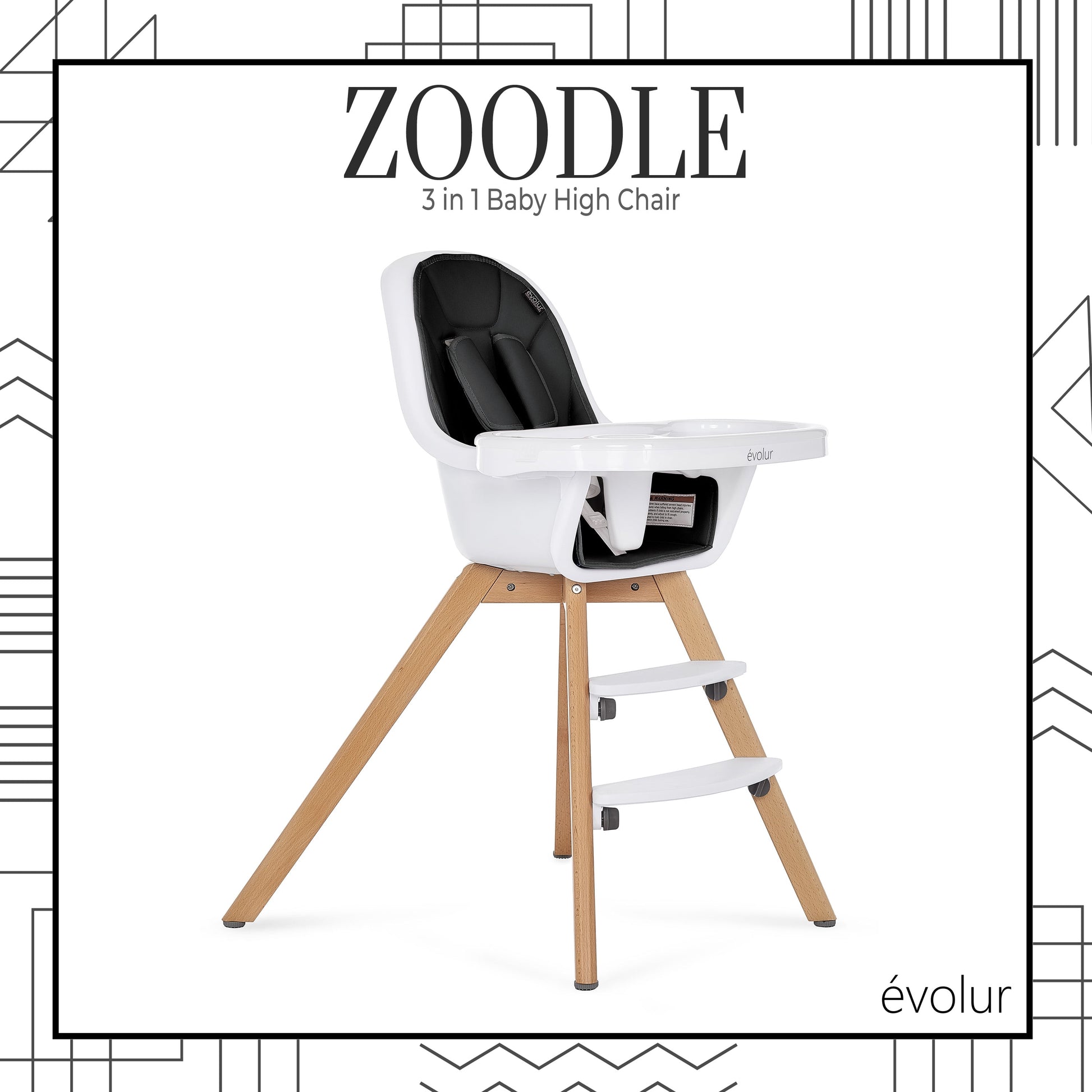 Zoodle 2 in 1 Baby High Chair in Black, Easy to Clean, Adjustable and Removable Tray, Compact and Portable Convertible High Chair for Babies and Toddlers