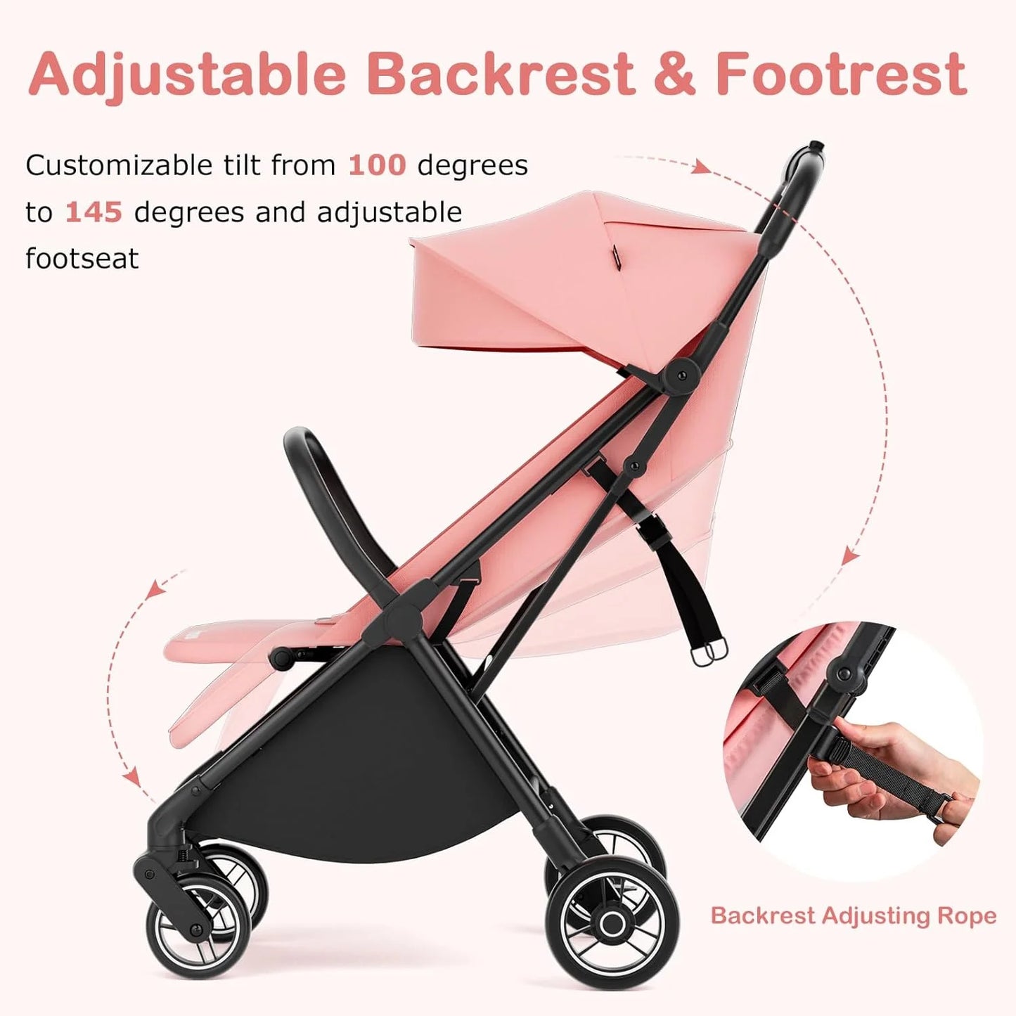 Lightweight Baby Stroller, One-Hand Gravity Fold, Compact Travel Stroller for Airplane with Aluminium Frame, Adjustable Backrest and Canopy, Foldable Infant Toddler Stroller