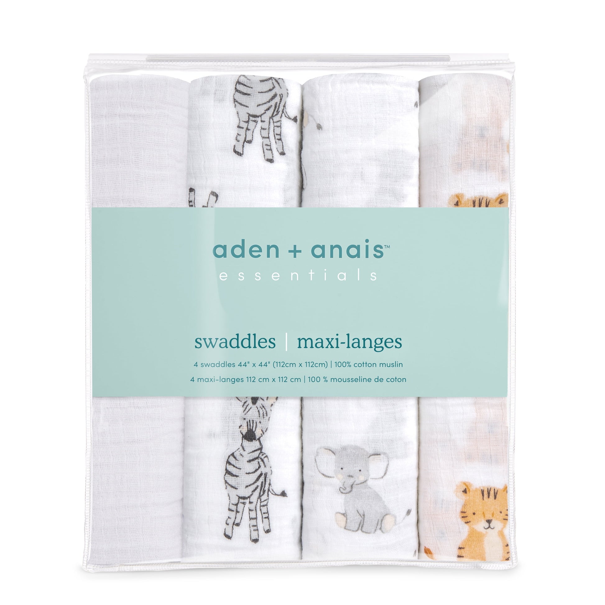 ™ Essentials, Cotton Muslin Swaddle Blanket, Safari Babes, Unisex, Infants, 4-Pack