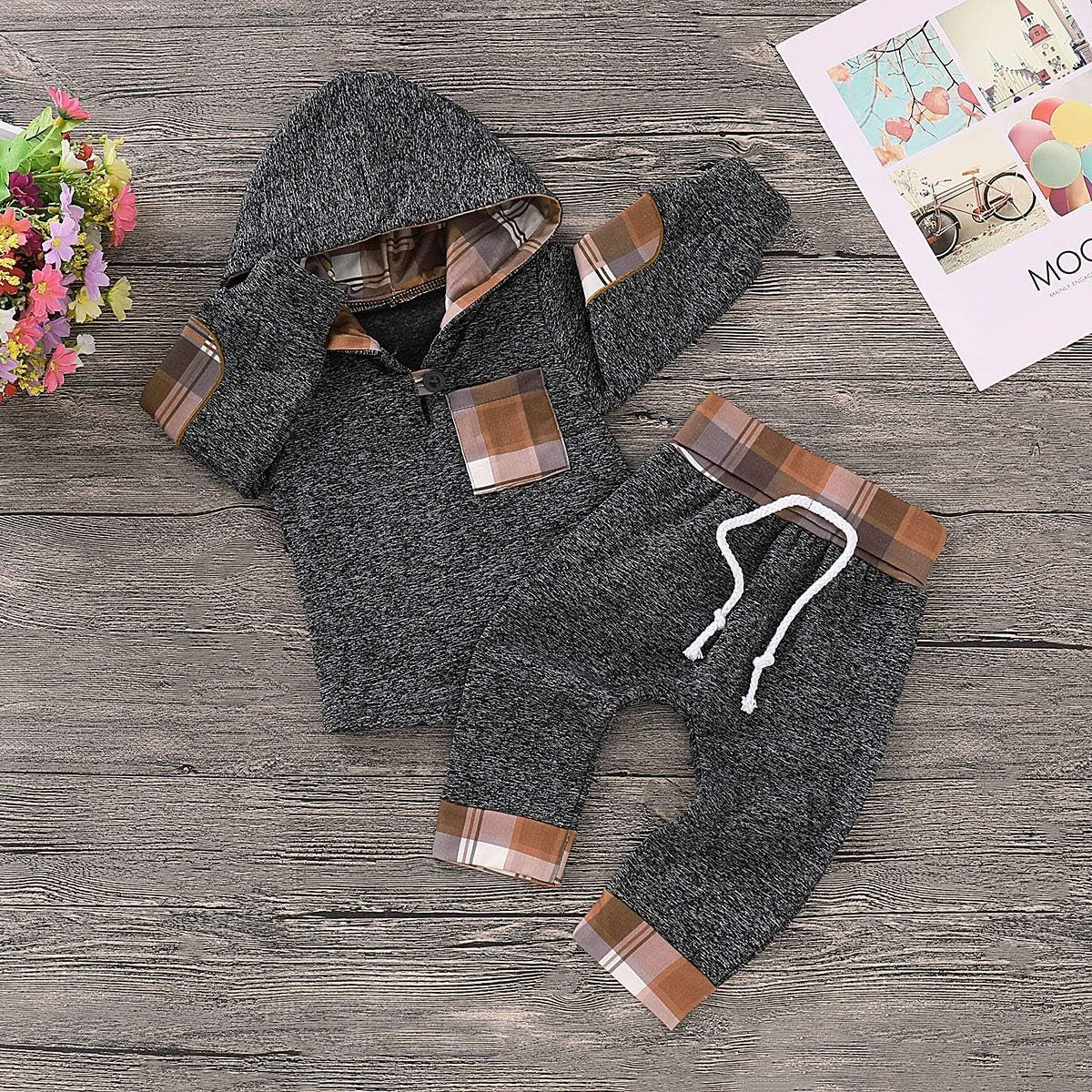 Toddler Infant Baby Boys Clothes Plaid Long Sleeve Hoodie Sweatshirt Pants Kids Xmas Fall Winter 2Pcs Outfits Set