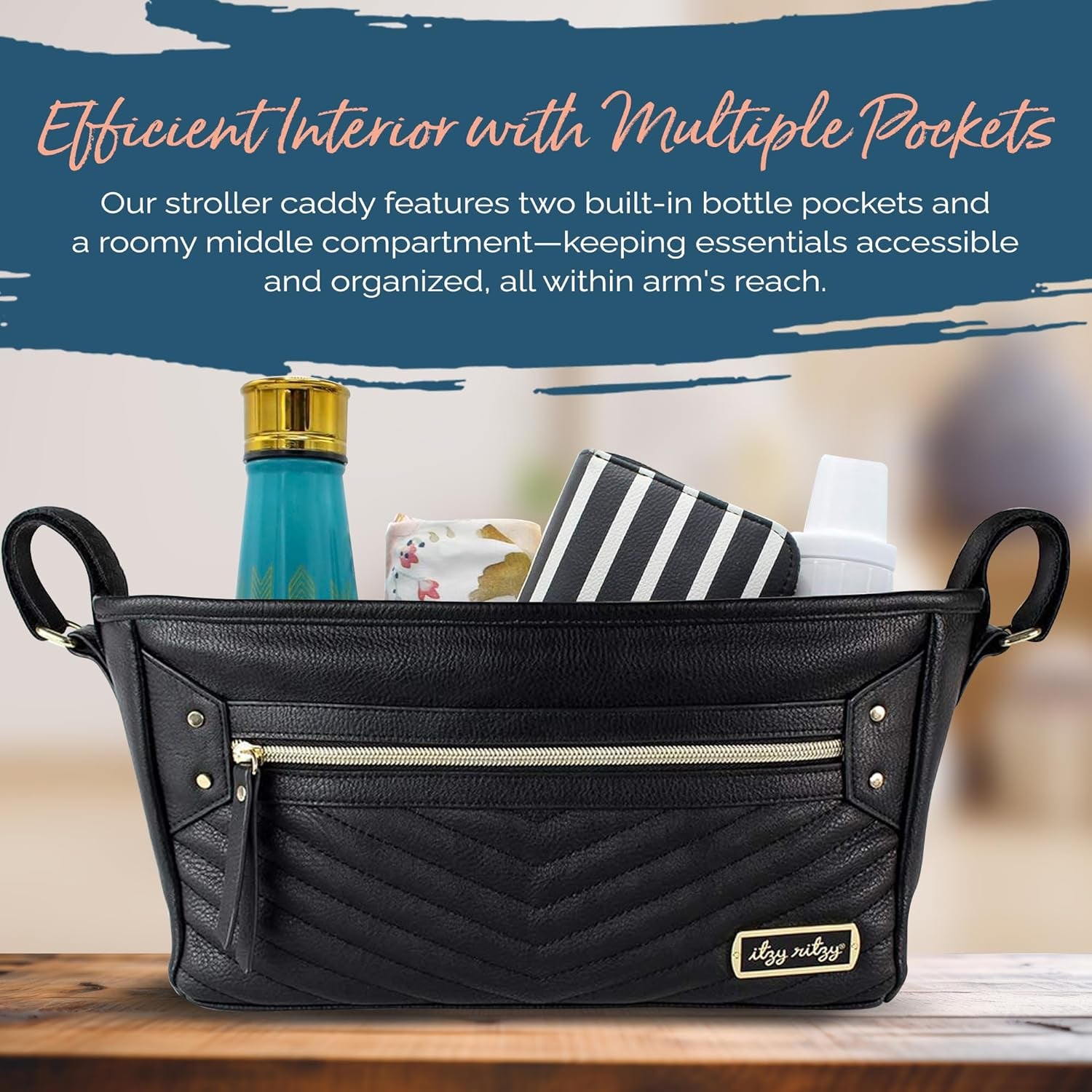 Adjustable Stroller Organizer with Built-In Pockets, Zippered Pocket & Straps to Fit Any Stroller, Black with Gold Hardware