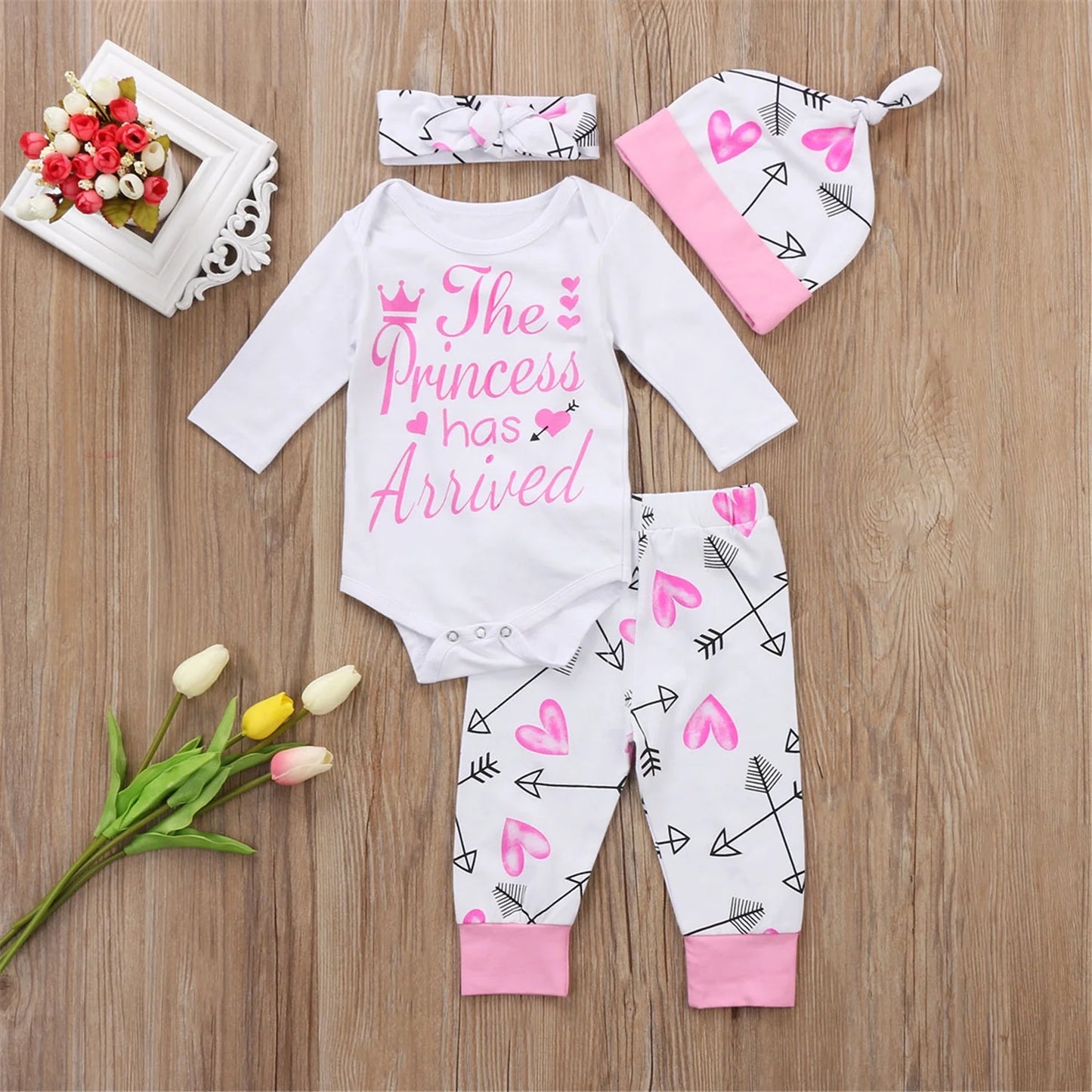 4PCS Newborn Infant Baby Girl Outfit Clothes Set Romper Bodysuit+Pants Leggings