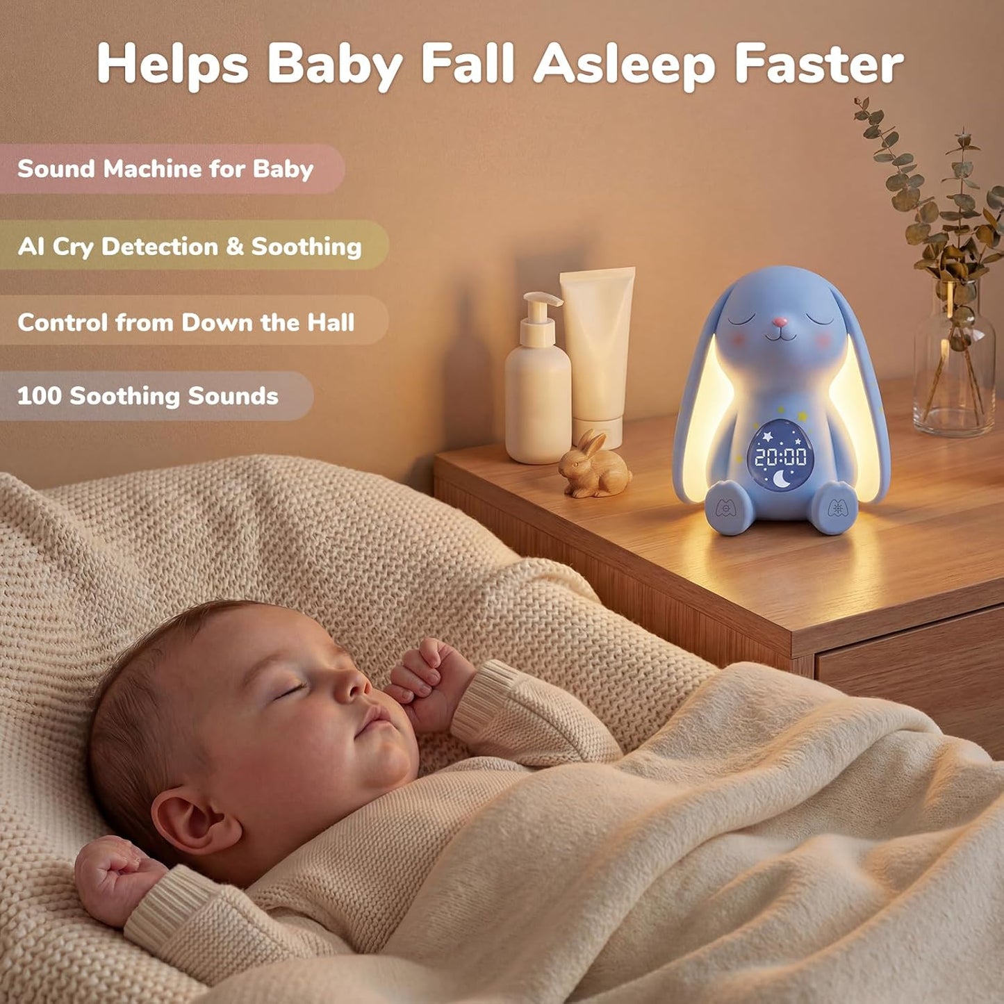 Mom'S Choice Awards丨Bunny White Noise Sound Machine Baby for Sleep- AI Cry Detection, 100 Soothing Sounds, 5-Year APP Access Included, Easter Gifts for Baby, Night Light & Sleep Trainer, New Mom Gift