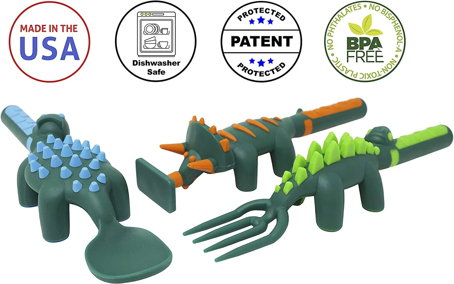 Made in USA Dinosaur Set of 3 Utensils for Toddlers, Infants, Babies and Kids - Made with Materials Tested for Safety