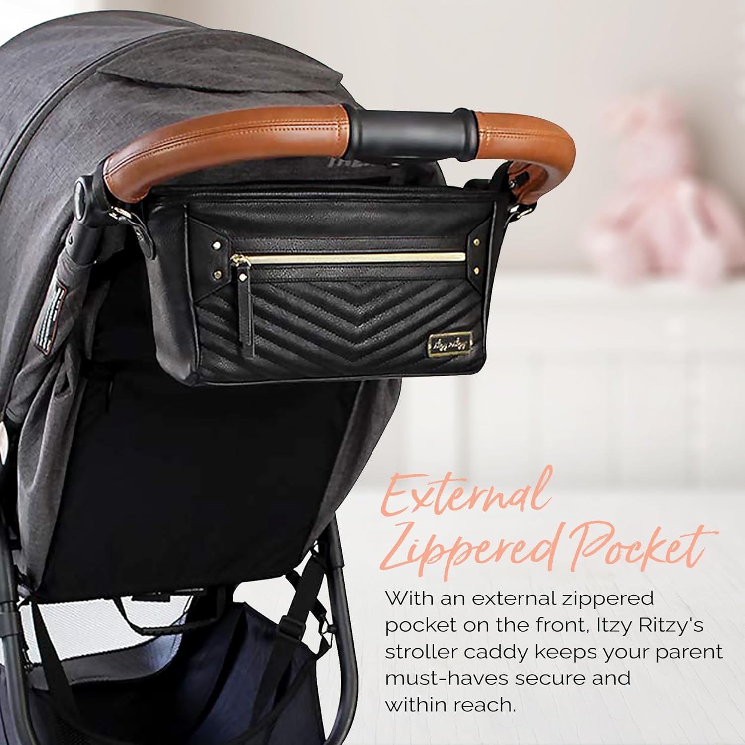 Adjustable Stroller Organizer with Built-In Pockets, Zippered Pocket & Straps to Fit Any Stroller, Black with Gold Hardware