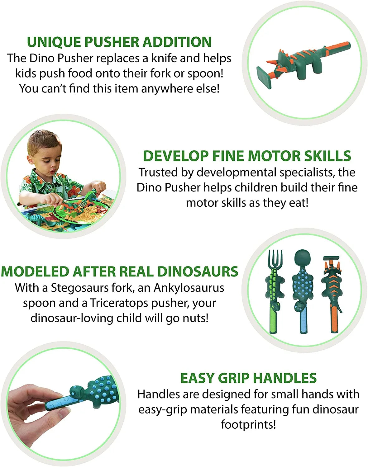 Made in USA Dinosaur Set of 3 Utensils for Toddlers, Infants, Babies and Kids - Made with Materials Tested for Safety