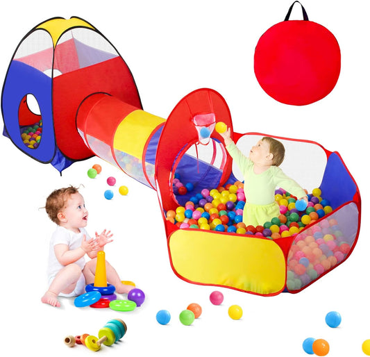 3 in 1 Kids Play Tent for Toddler with Baby Ball Pit and Play Tunnel, Children Indoor Outdoor Playhouse with Climbing Tunnel Toy for Toddlers, Boys and Girls Best Birthday Gifts