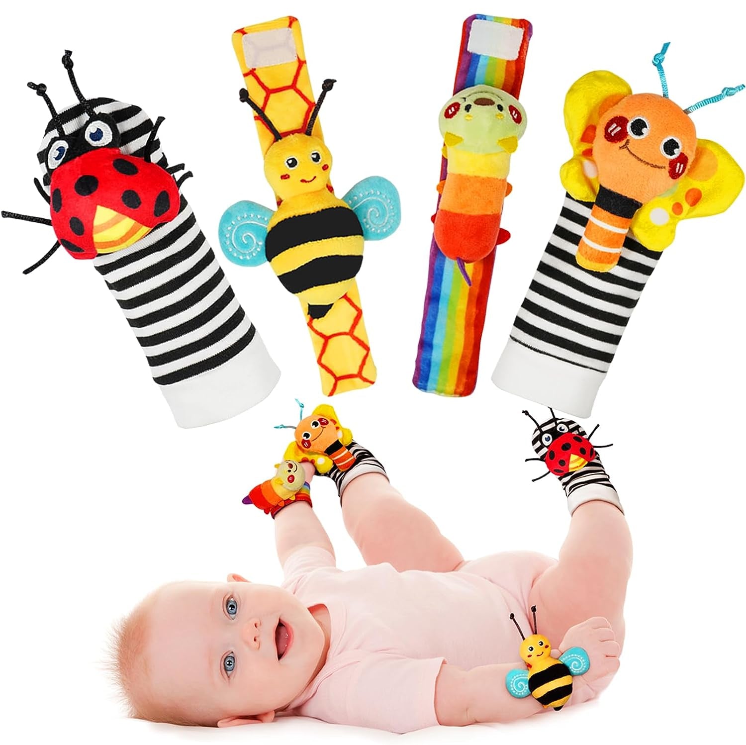 Baby Wrist Rattle Socks and Foot Finder Set, Perfect Baby Toys for 0-12 Months Newborn Boys and Girls as Shower Gifts, Garden Bug Series