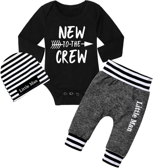 Newborn Baby Boy Clothes New to the Crew Letter Print Romper+ Pants+Hat 3PCS Outfit