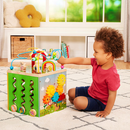 Barnyard Activity Cube with 5 Multicolor Sides and Bead Maze Wooden, Baby and Toddler Toys