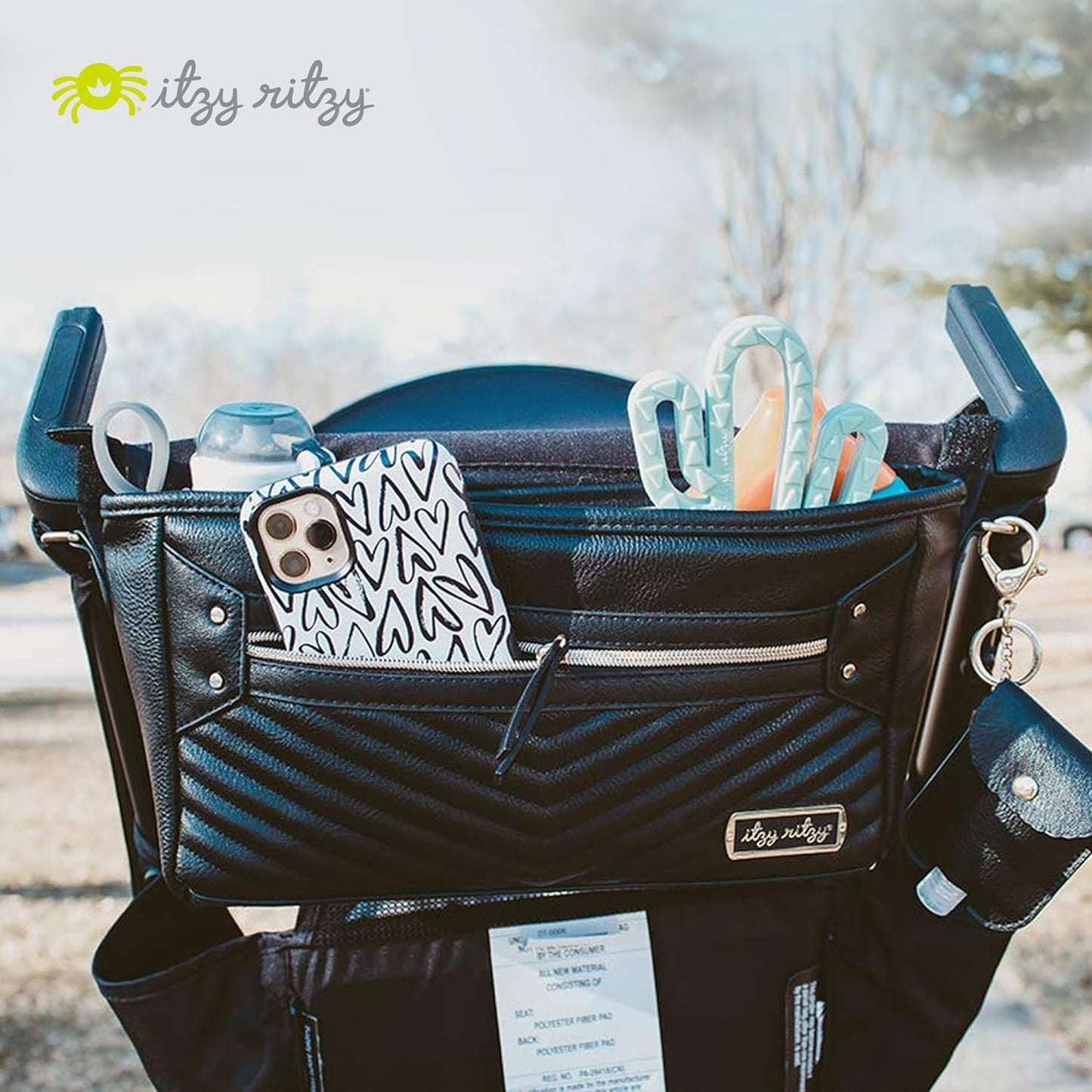 Adjustable Stroller Organizer with Built-In Pockets, Zippered Pocket & Straps to Fit Any Stroller, Black with Gold Hardware