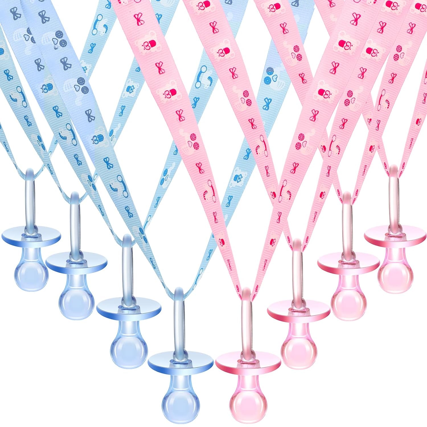 24 Pieces Baby Shower Pacifiers Necklace Acrylic Chupones Para Baby Pacifier for Girls Boys Baby Shower Party Game Favors Cute Mini Decorations Charms Table Scatter(Pink, Blue)