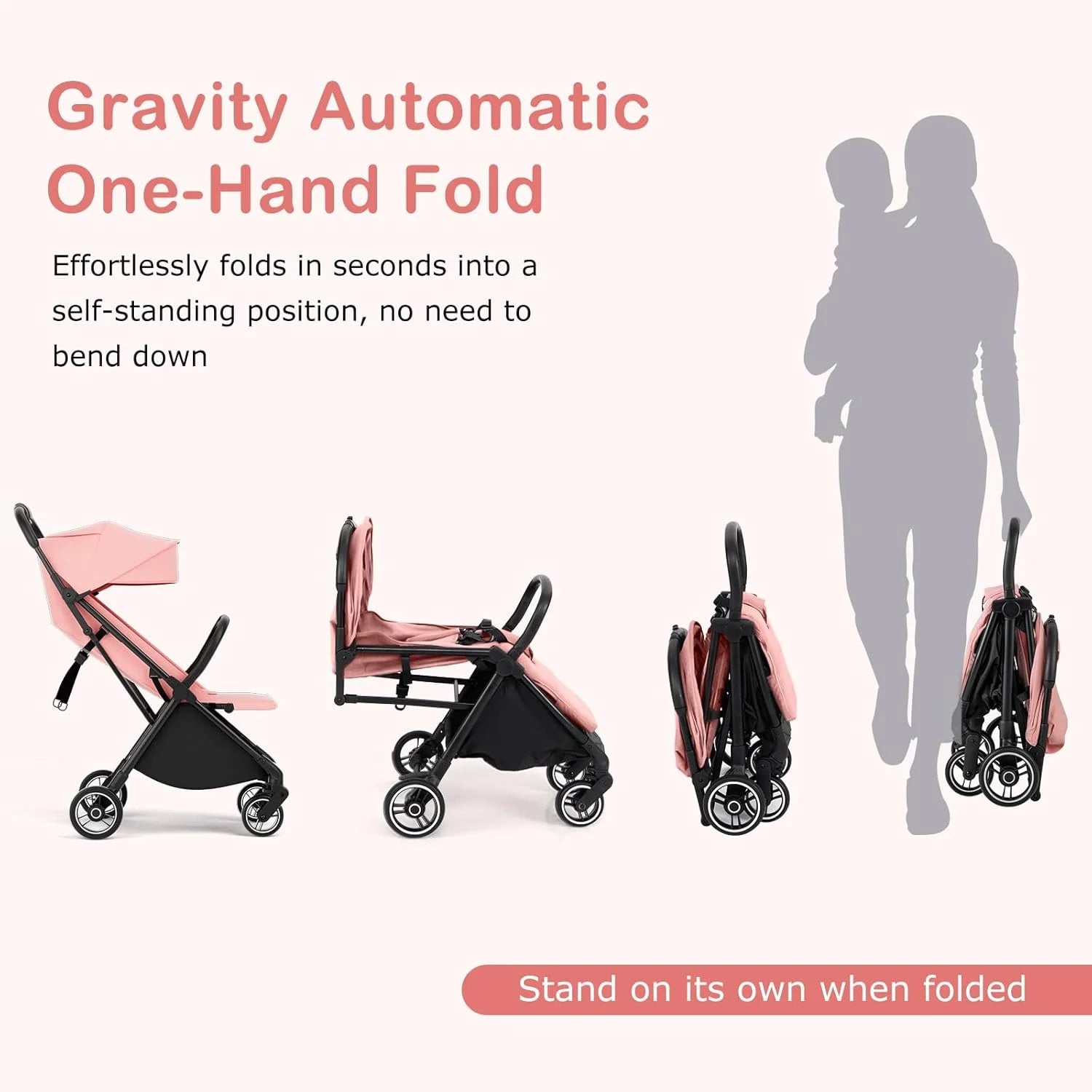 Lightweight Baby Stroller, One-Hand Gravity Fold, Compact Travel Stroller for Airplane with Aluminium Frame, Adjustable Backrest and Canopy, Foldable Infant Toddler Stroller