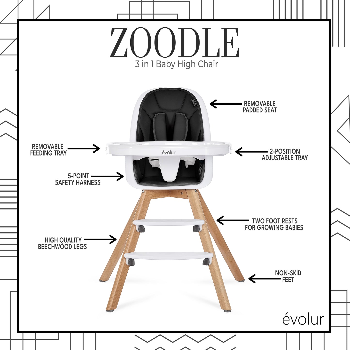 Zoodle 2 in 1 Baby High Chair in Black, Easy to Clean, Adjustable and Removable Tray, Compact and Portable Convertible High Chair for Babies and Toddlers