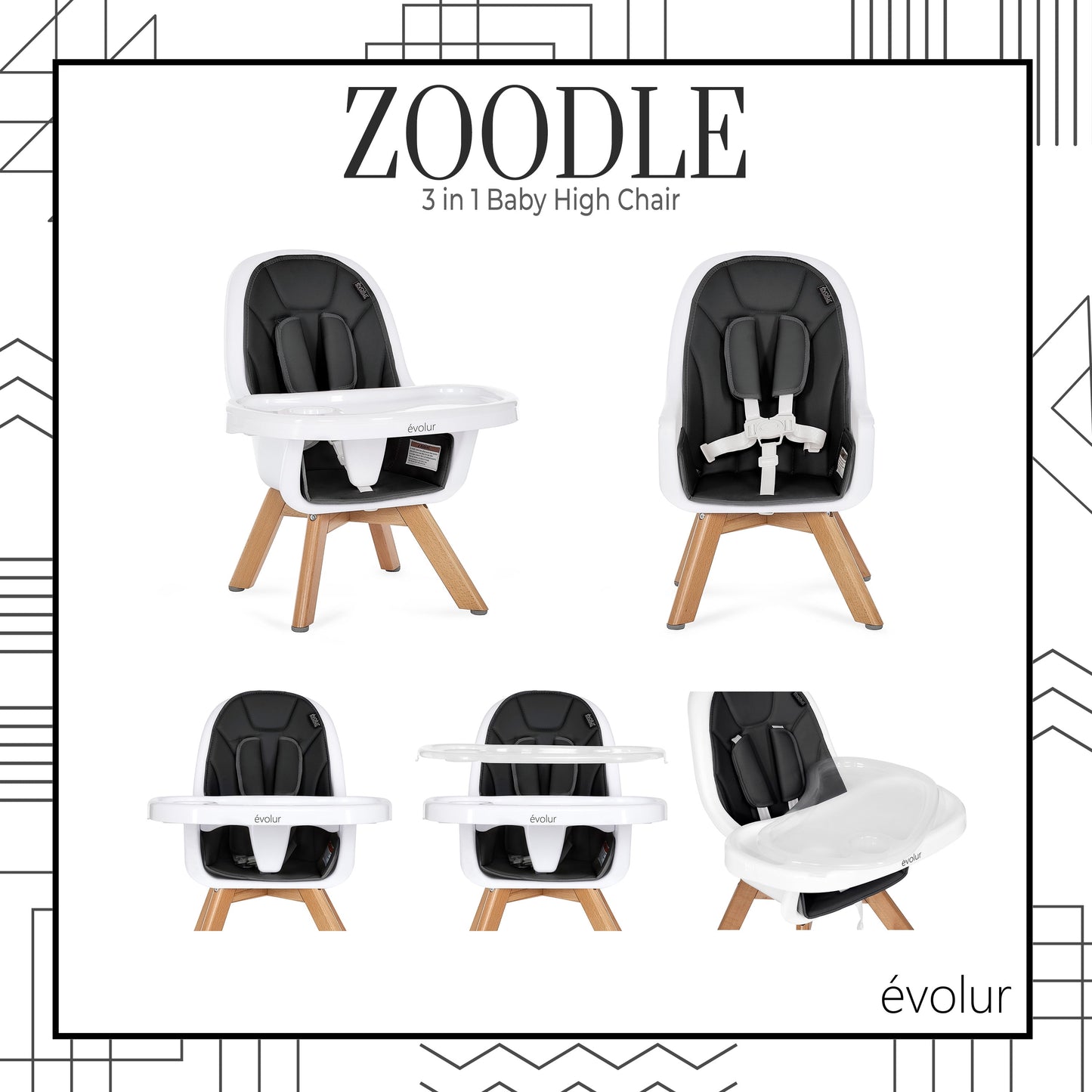 Zoodle 2 in 1 Baby High Chair in Black, Easy to Clean, Adjustable and Removable Tray, Compact and Portable Convertible High Chair for Babies and Toddlers