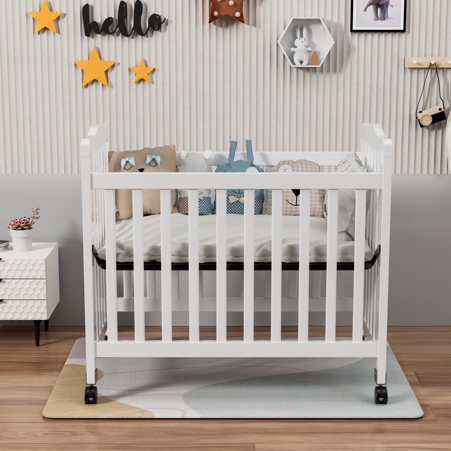 Baby Mini Crib, Small Crib with 3-Position Mattress Board, White