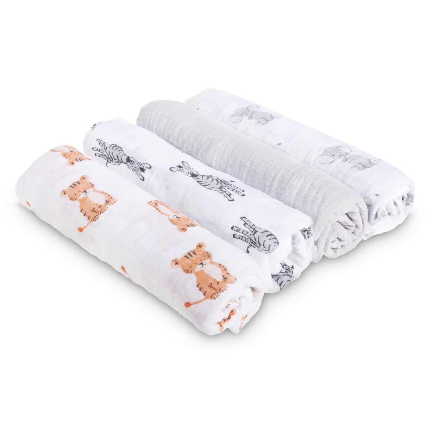 ™ Essentials, Cotton Muslin Swaddle Blanket, Safari Babes, Unisex, Infants, 4-Pack