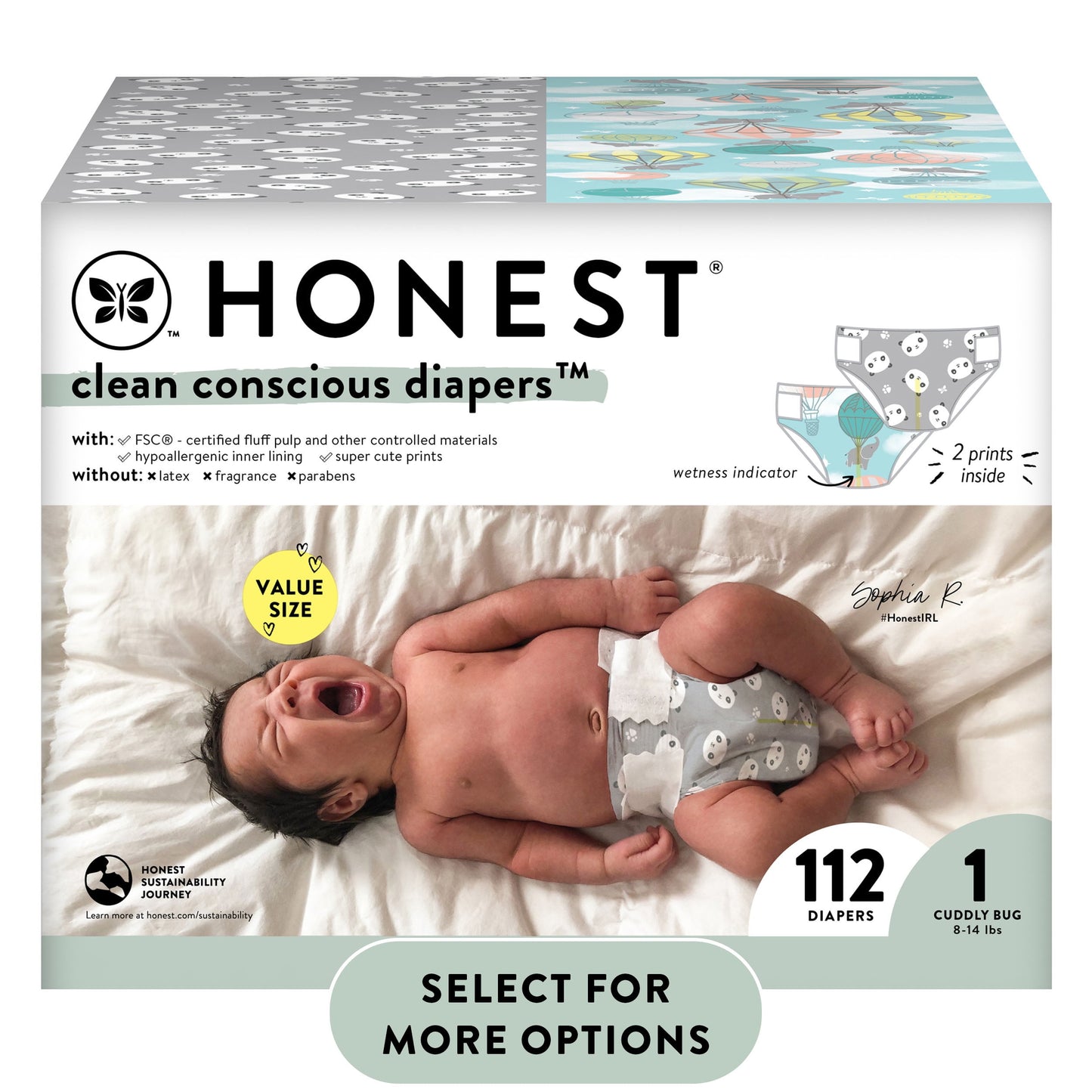 , Clean Conscious Disposable Baby Diapers, above It All & Giraffes Prints, Size NB, 108 Count (Select for More Options)