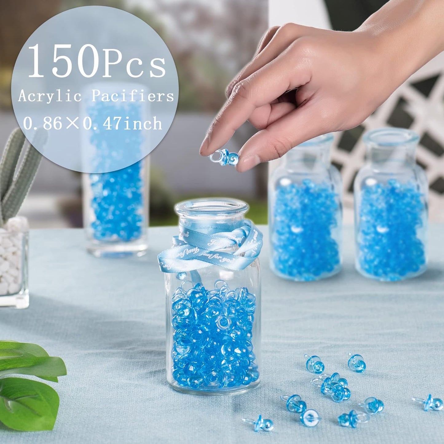 150 Mini Acrylic Pacifiers for Baby Shower Game, 0.86 Inch Bulk Chupones Para Gender Reveal Party Favors Table Decoration (Blue)