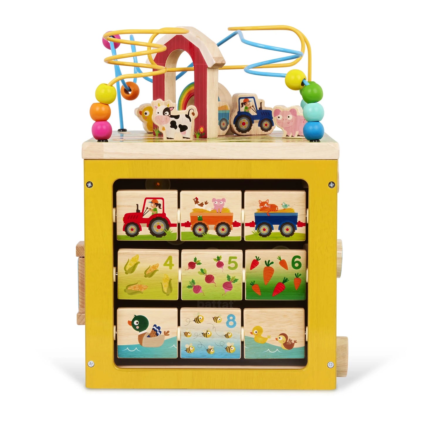 Barnyard Activity Cube with 5 Multicolor Sides and Bead Maze Wooden, Baby and Toddler Toys