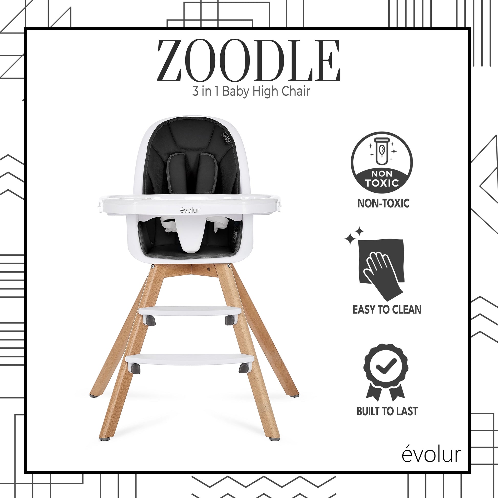 Zoodle 2 in 1 Baby High Chair in Black, Easy to Clean, Adjustable and Removable Tray, Compact and Portable Convertible High Chair for Babies and Toddlers