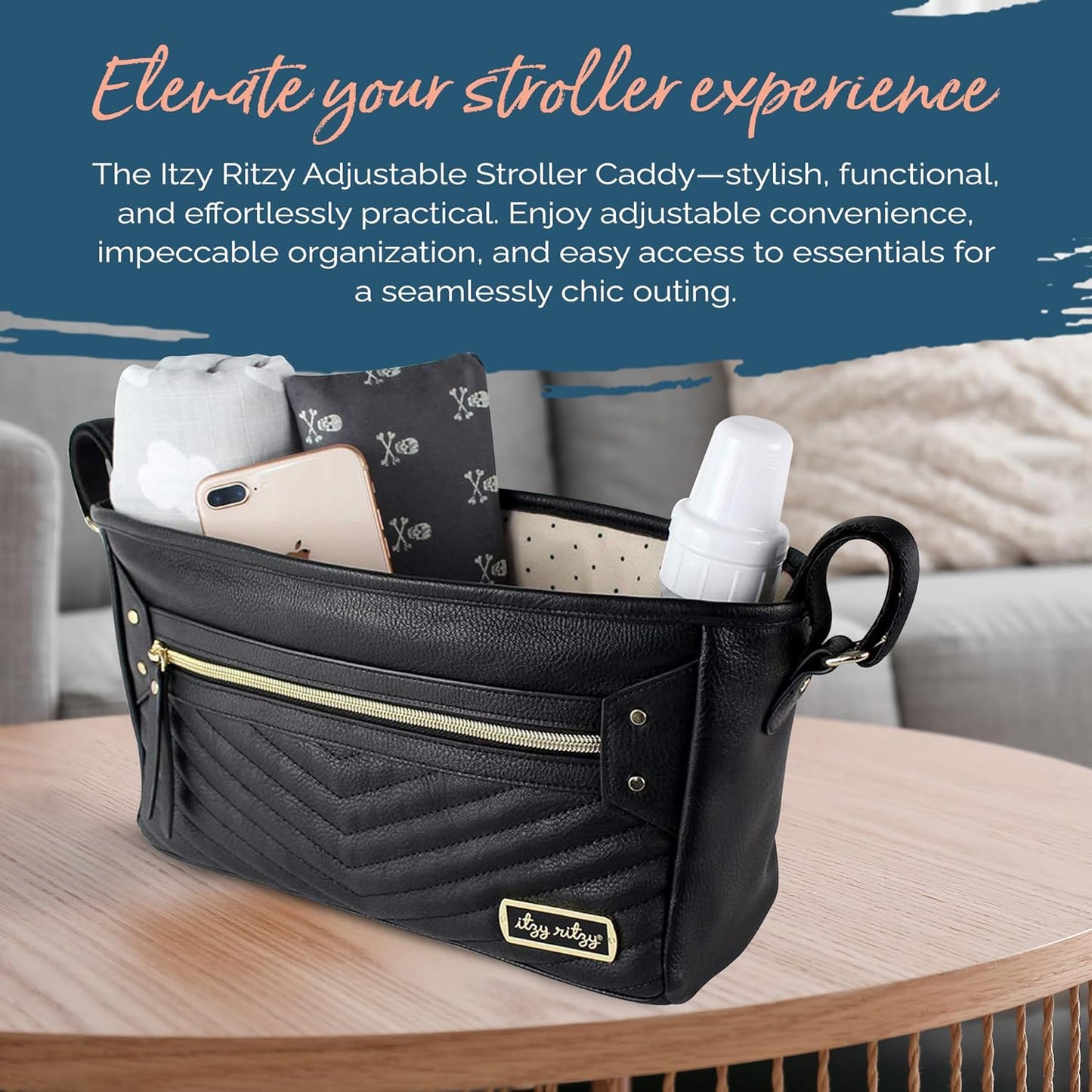 Adjustable Stroller Organizer with Built-In Pockets, Zippered Pocket & Straps to Fit Any Stroller, Black with Gold Hardware