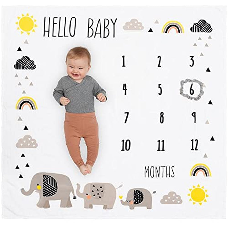 Organic Baby Monthly Milestone Blanket - Elephant Milestone Blanket Baby Boy or Girl with Month Marker - Elephants Milestones Blanket, 1-12 Months, Hello Baby, 47" X 47"