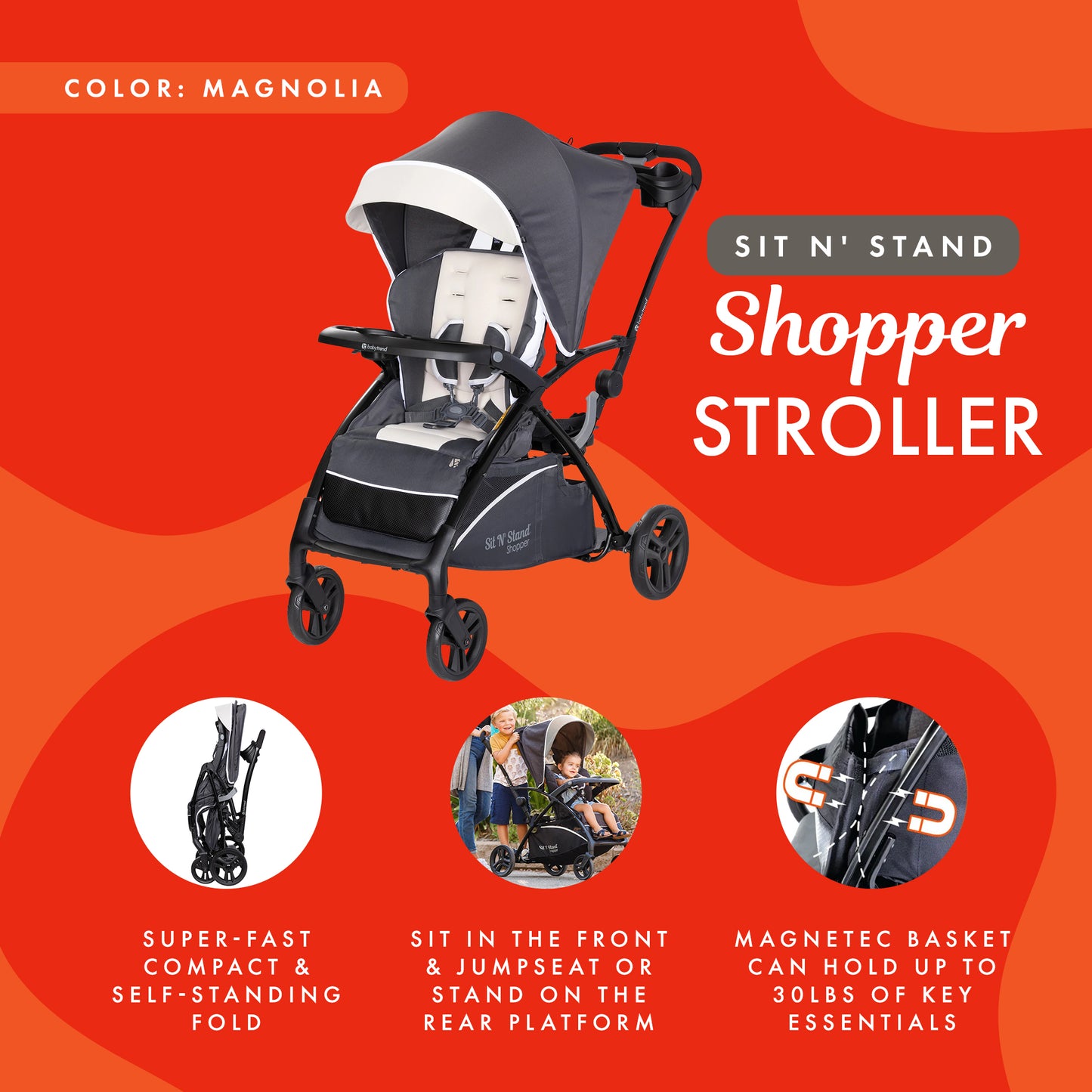 Sit N' Stand 5-In-1 Shopper Stroller W/Canopy & Basket, Magnolia