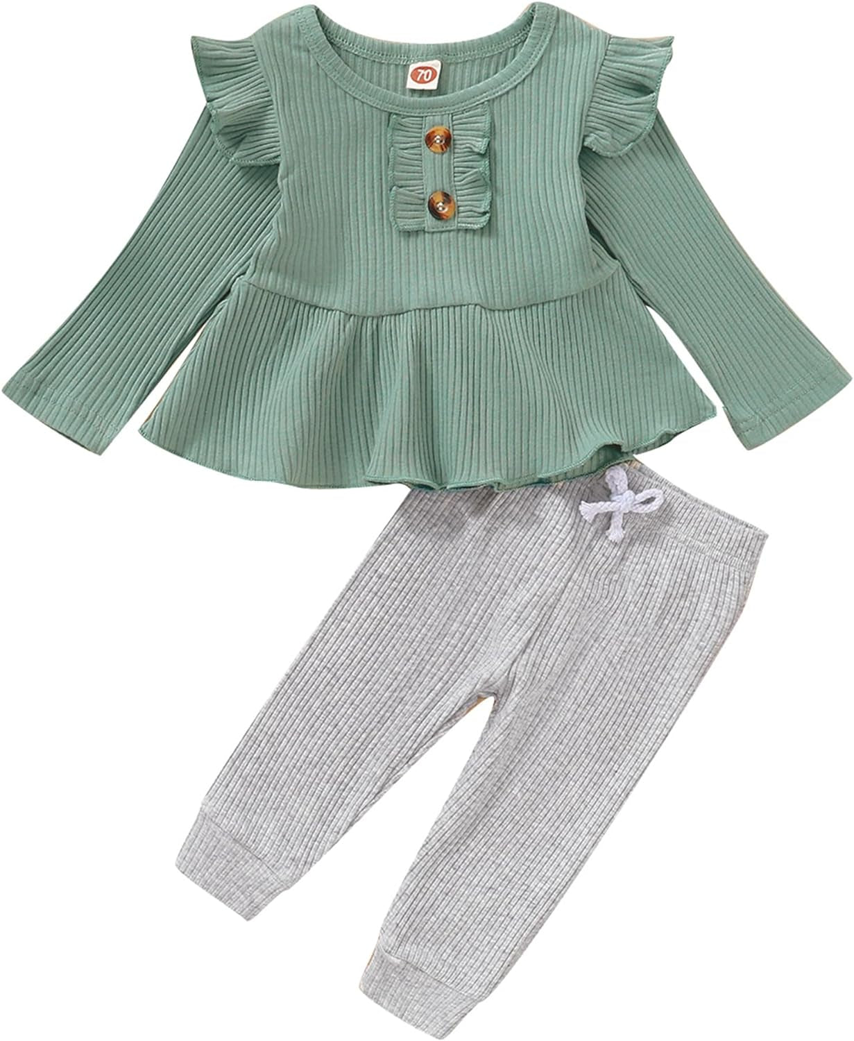 Baby Girl Clothes Toddler Girl Cotton Outfit Rib Long Sleeve Shirt Top Solid Pants Infant Girls Set