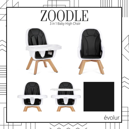 Zoodle 2 in 1 Baby High Chair in Black, Easy to Clean, Adjustable and Removable Tray, Compact and Portable Convertible High Chair for Babies and Toddlers