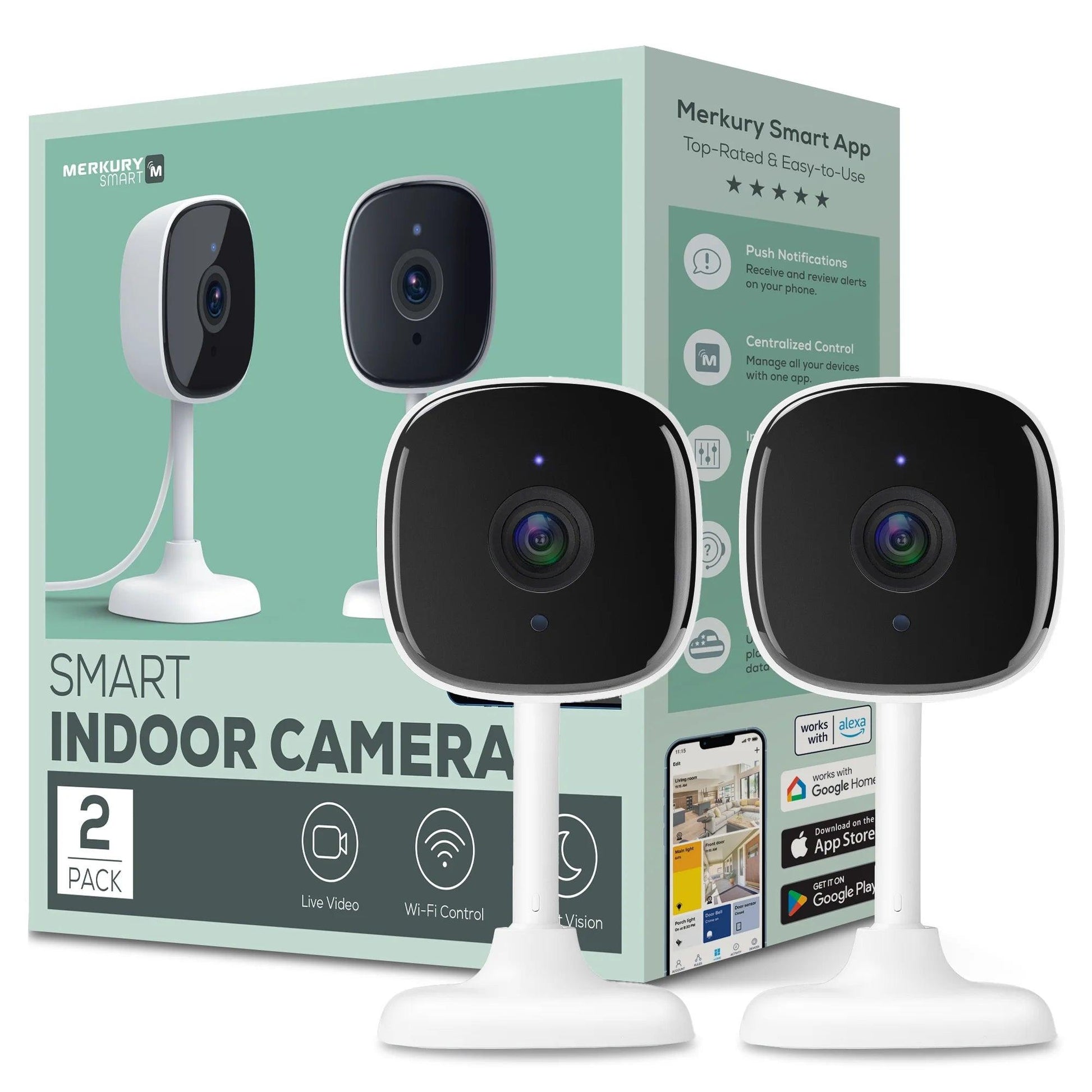 Indoor Camera 1080P - Wi-Fi Security Cam with Night Vision, White (2-Pack).