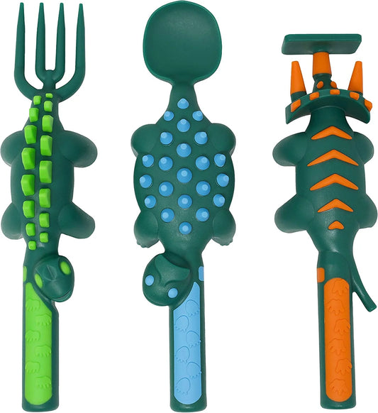 Made in USA Dinosaur Set of 3 Utensils for Toddlers, Infants, Babies and Kids - Made with Materials Tested for Safety