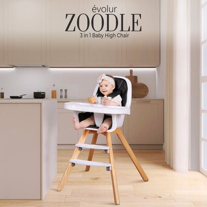 Zoodle 2 in 1 Baby High Chair in Black, Easy to Clean, Adjustable and Removable Tray, Compact and Portable Convertible High Chair for Babies and Toddlers